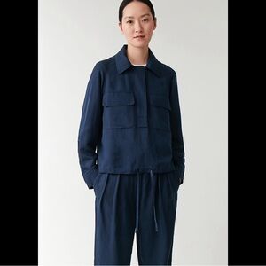 COS Dark Blue Linen-Mix Hooded Pullover Shirt